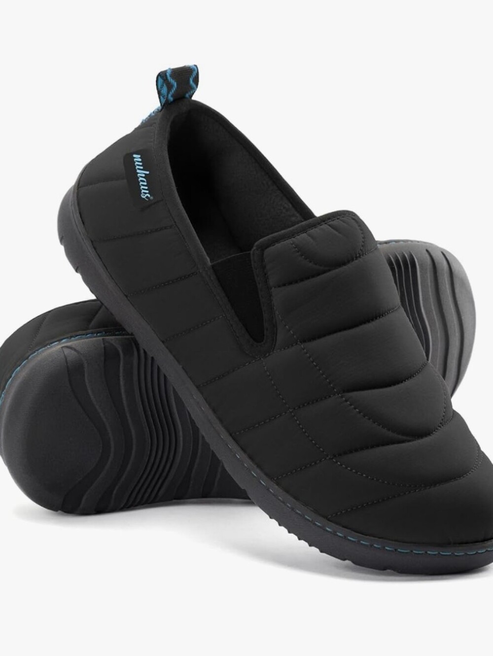 Black Quilted Slip-On Loafers with Blue Accents